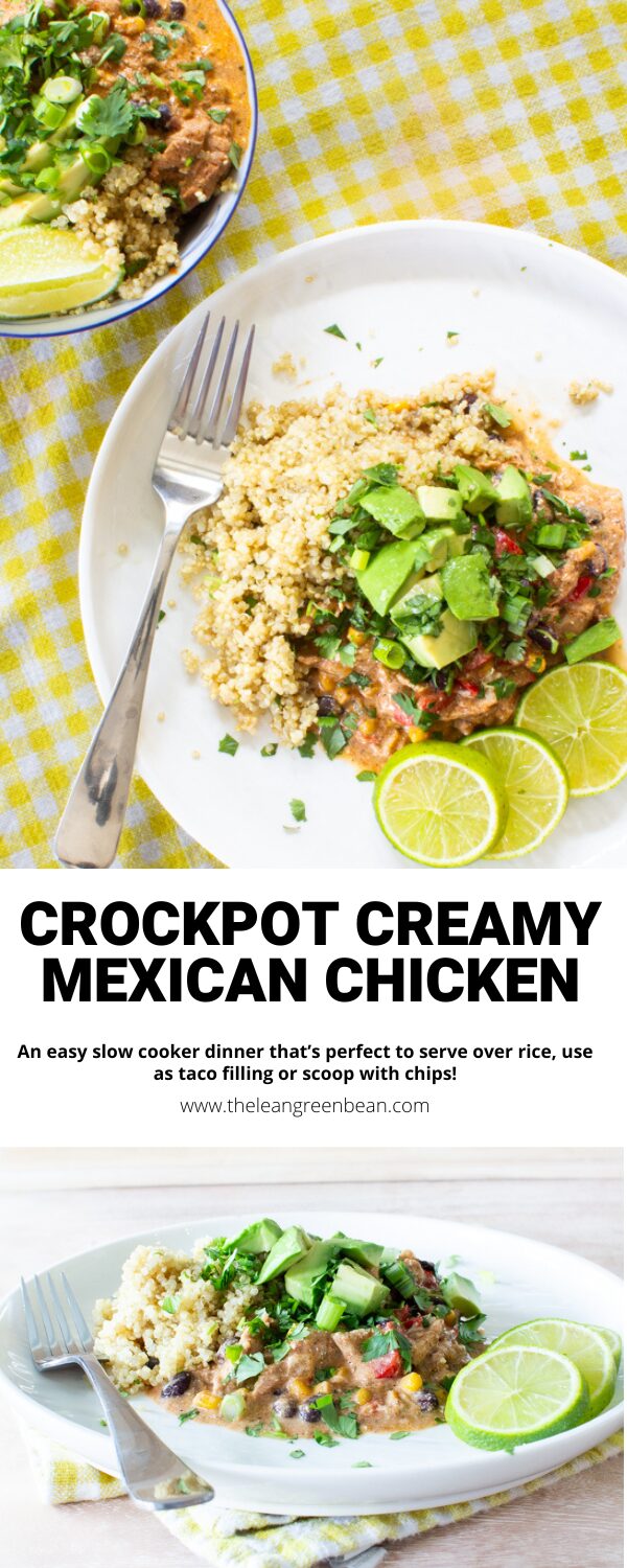 This Slow Cooker Creamy Mexican Chicken makes a quick, easy dinner or freezer recipe. Made with simple ingredients but full of flavor, it's great on its own or served over rice, farro or cauliflower rice.